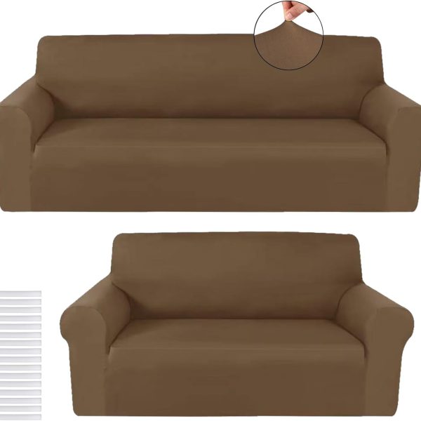 2-Piece Sofa Cover Set (Includes Covers for 3-Seater & 2-Seater Sofas) — High-Stretch Elastic Slipcovers for Living Rooms, Armchair Furniture Protectors, Wrinkle-Resistant Design (Chocolate Brown, Milk Silk Fabric)