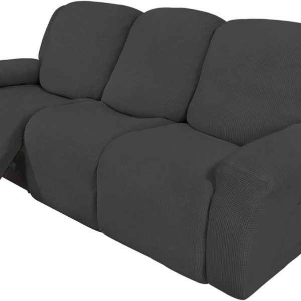 8 Pieces Recliner Sofa Stretch Sofa Slipcover Sofa Cover Furniture Protector Couch Soft with Elastic Bottom Kids, Spandex Jacquard Fabric Small Checks Dark Gray