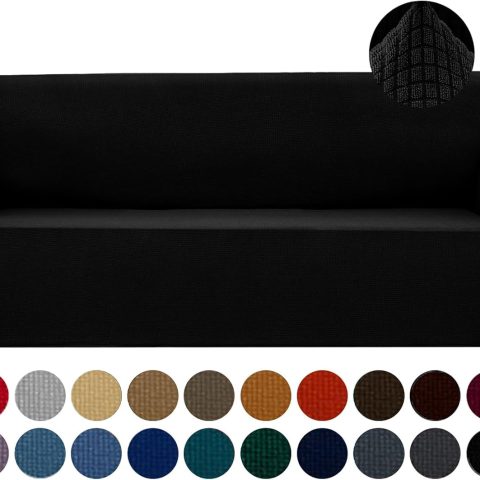 Stretch Couch Cover Slipcovers, 1-Piece Sofa Covers for 3 Cushion Couch Spandex Jacquard Washable Furniture Protector Cover for Living Room,Kids,Pets(Sofa,Black)