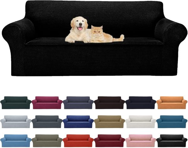 New Stretch Sofa Slipcovers Couch Cover for 3 Cushion Furniture Protector Sofa Covers with Elastic Bottom Jacquard Fabric Small Checks for Pets, Kids -Sofa, Black