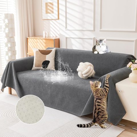 Cat-Scratch Resistant Sofa Cover — Waterproof Design; Fits 3-Cushion Sofas; Washable, Pet-Friendly Sofa Protector — Non-Slip, Extra-Thick Pet-Specific Cover (91" x 134": Dark Gray)