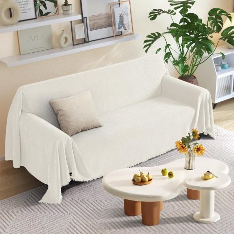 Sofa Cover Throw — Fits 3-Seater Sofas & Sectionals; Washable, Pet-Friendly Sofa Blanket with Tassel Accents; Soft, Durable, & Fits Most Furniture (71" x 134": Cream)