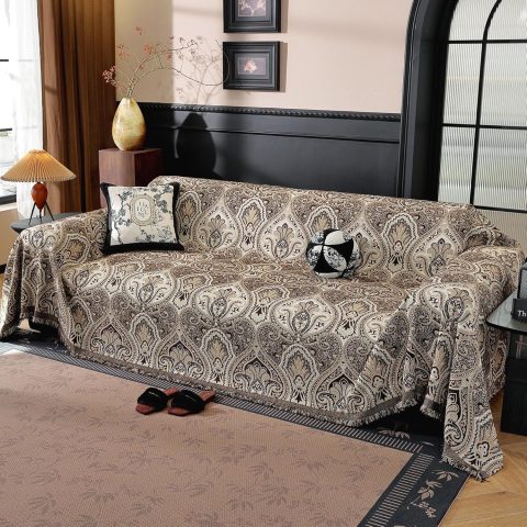 LUFEIJIASHI Vintage-Style Sofa Cover — Chenille Jacquard Weave; Fits 3-Seater Sofas & Sectionals; Non-Slip Design; Pet-Friendly Furniture Protector (Brown: 91" x 134")
